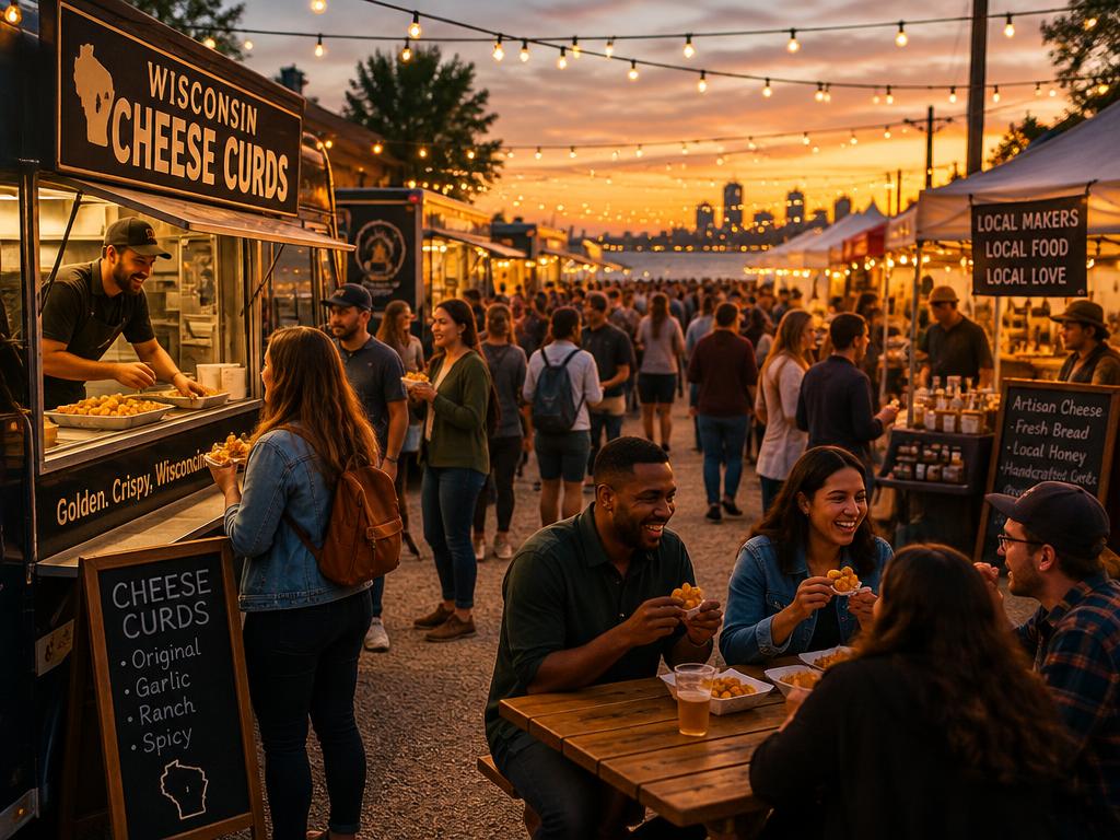 Evening food market with string lights and a Wisconsin cheese curd truck.
