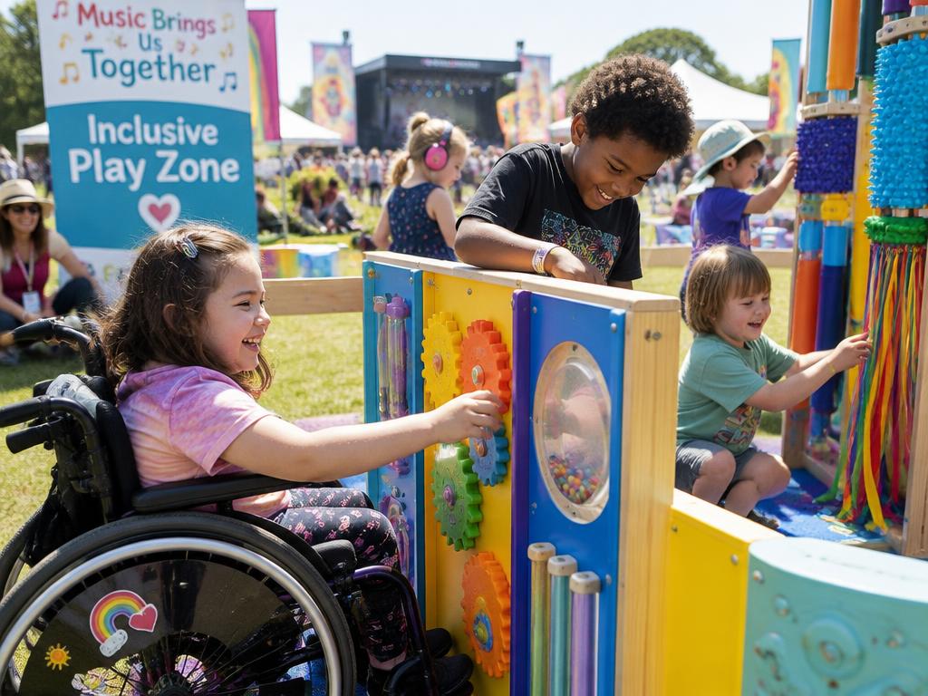 Children, including a child using a wheelchair, laughing at a colorful sensory play wall.
