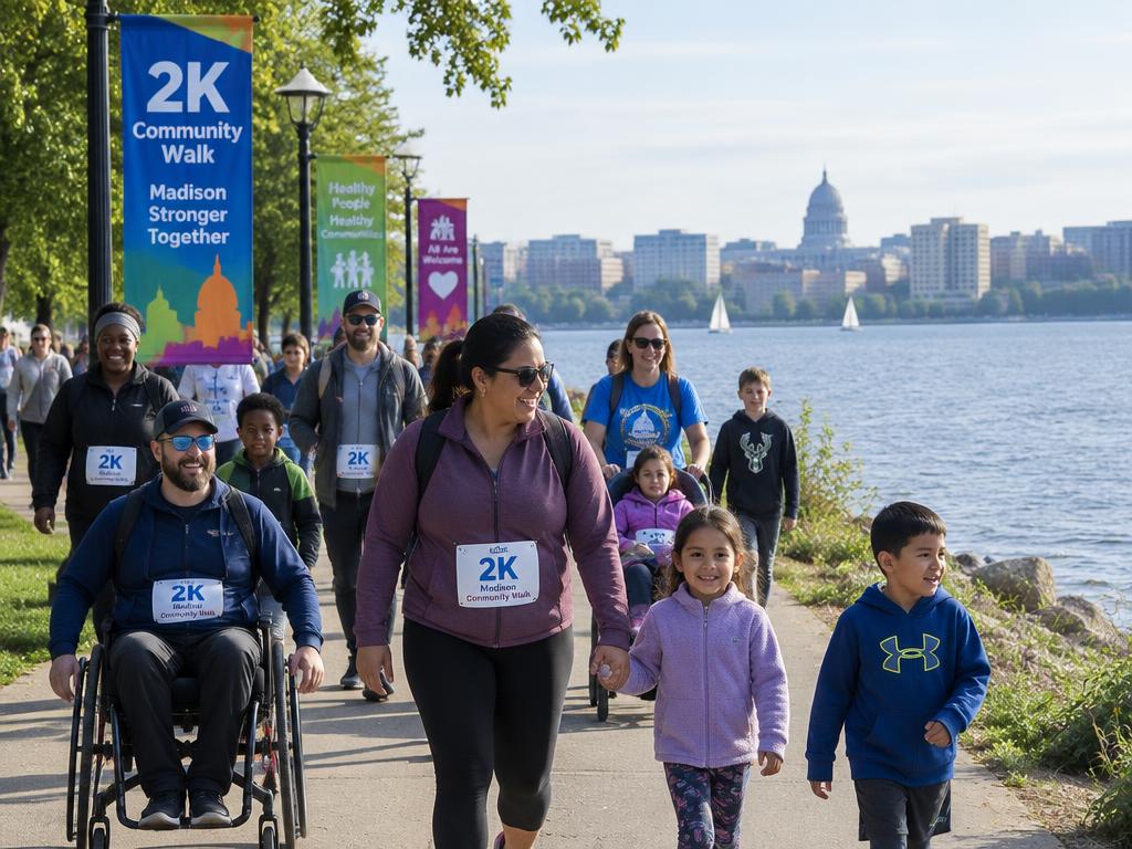 Families and wheelchair users walking a lakefront path with 2K walk banners.
