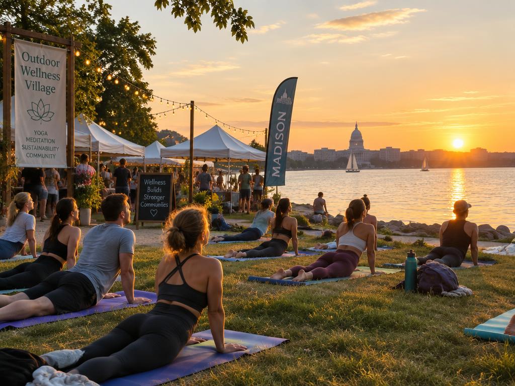People doing yoga on the lakeshore at sunset with the Capitol in the distance.